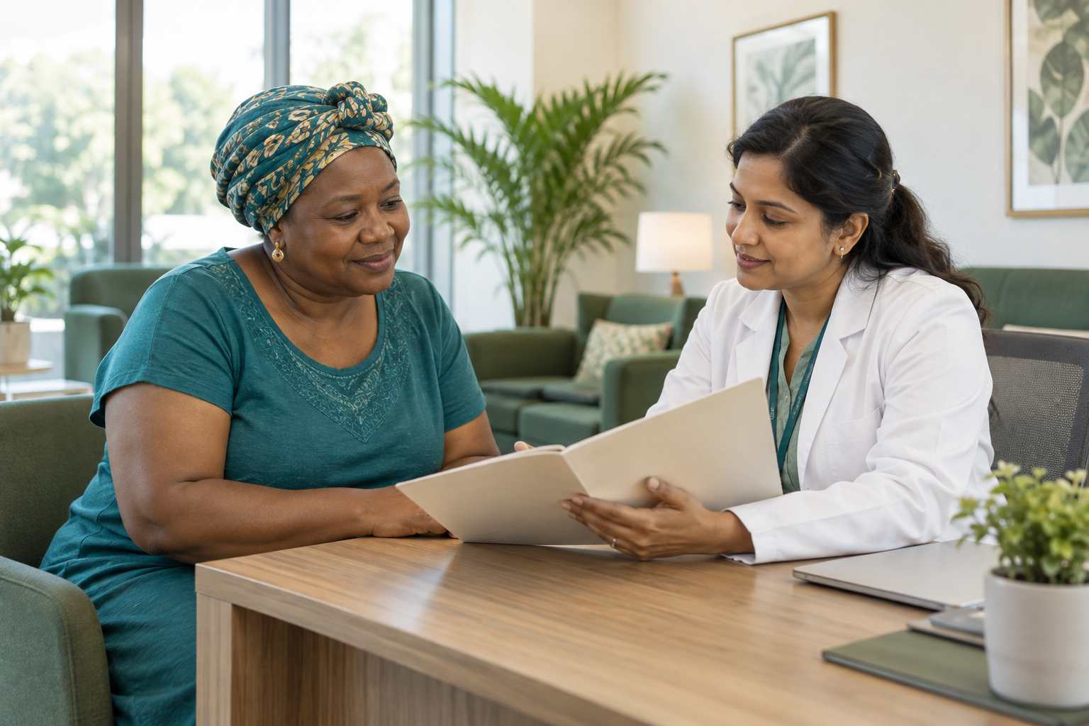 AI-generated illustration of an African patient discussing care plans with an Indian healthcare professional