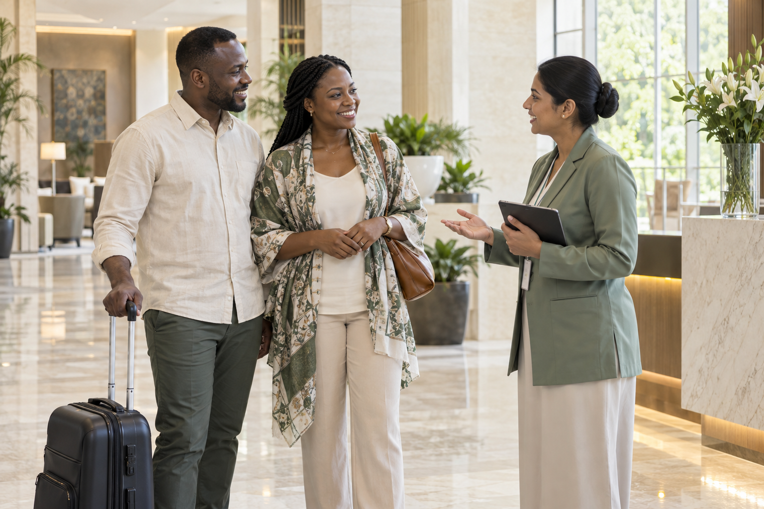 AI-generated illustration of an African couple being welcomed by a coordinator in a hospital lobby