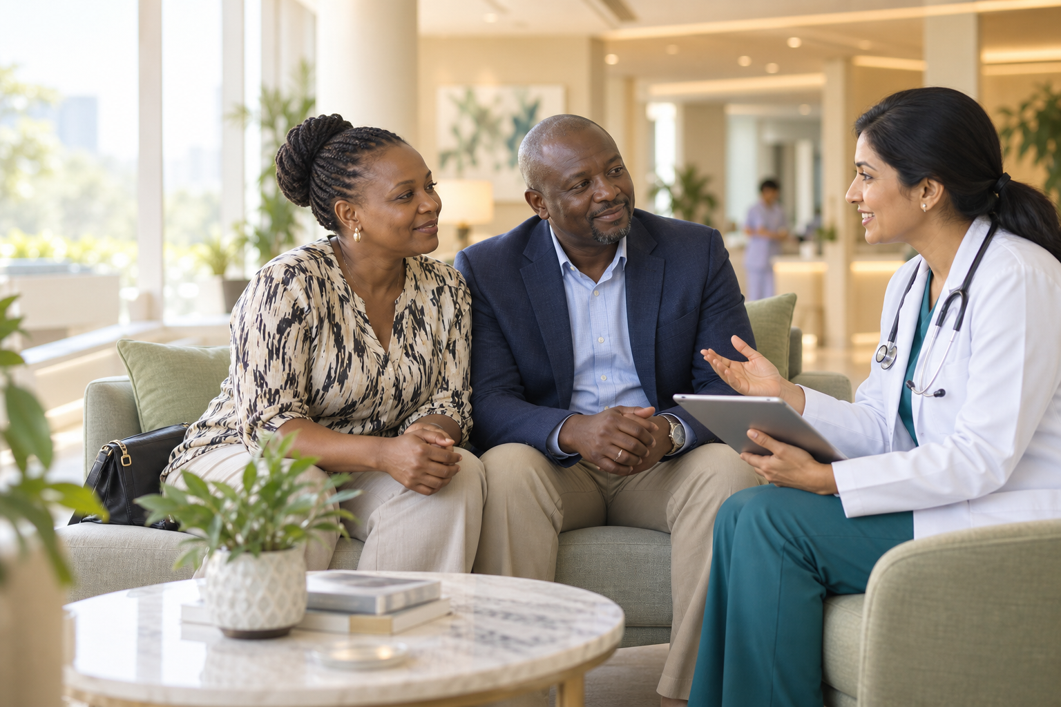 Illustrative scene of African patients talking with a physician in a hospital lounge
